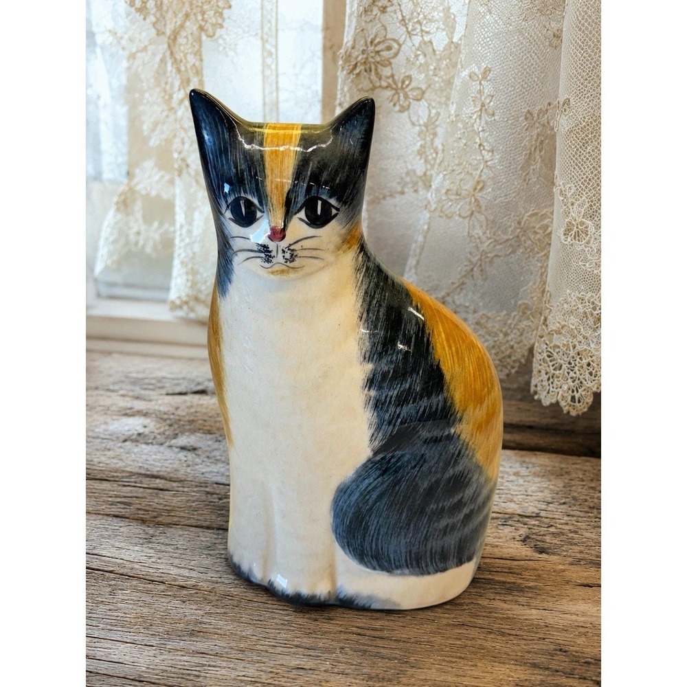 Vintage N.S. GUSTIN Porcelain Calico Cat Figurine, 10.5" Tall Made In USA